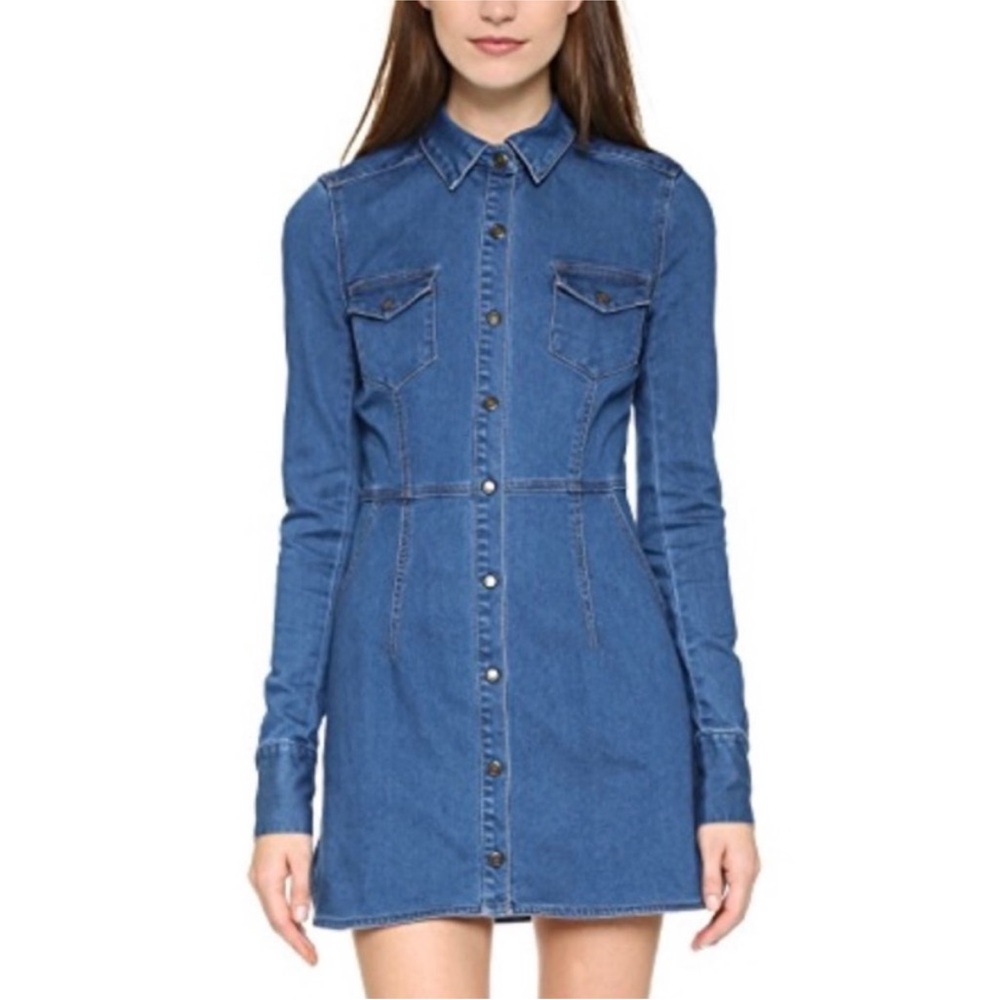 Free People Dynomite Medium Wash Long Sleeve Stretch Denim Mini Dress Size S - Picture 2 of 10
